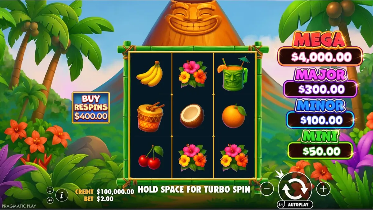 Interface vibrante do slot Super Tiki Strike com tema tropical