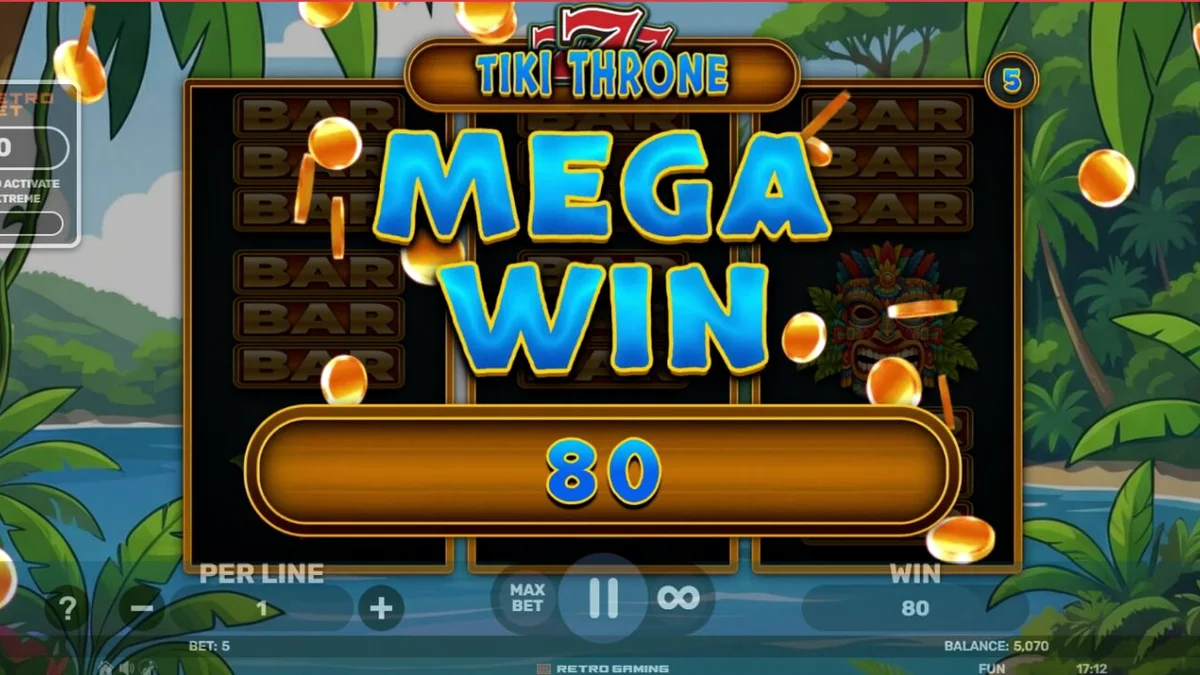 Interface vibrante do slot 777 – Tiki Throne com máscaras tiki e símbolos clássicos de frutas